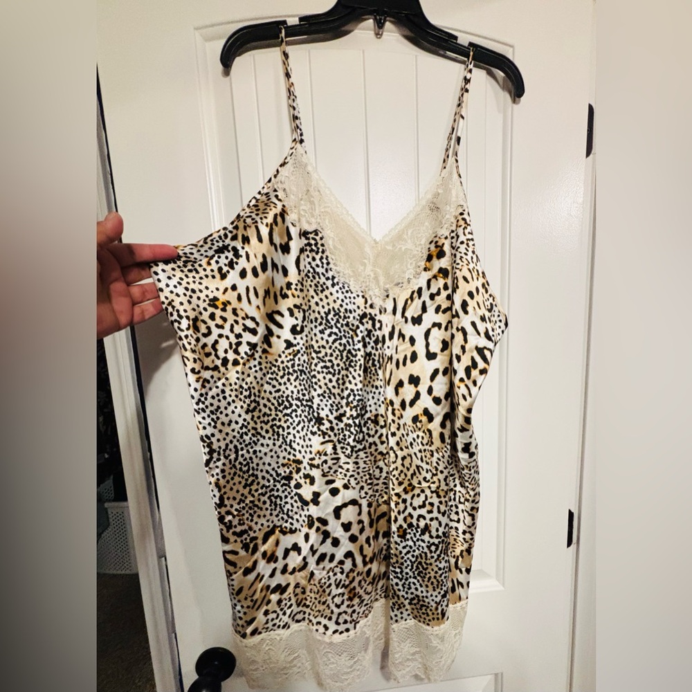 Vintage Oscar de la Renta Animal Print Satin Lace Cami Nightgown Slip Dress 2X